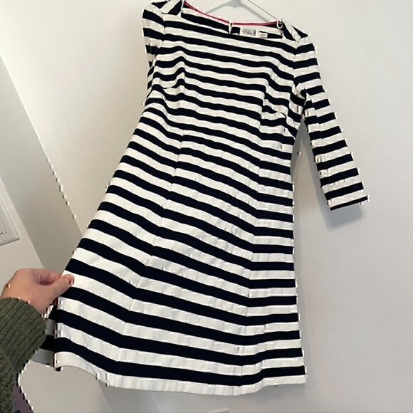 ELIZA J Navy Blue White Striped Square Neck 3/4 Sleeve Mini Fit & Flare Dress 8 - Picture 5 of 12